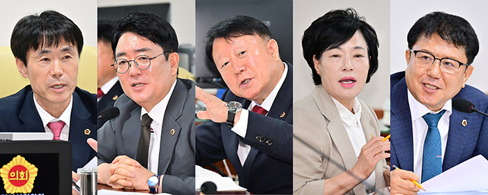 울산시의회 각 상임위원회가 트램 1호선, 국제정원박람회, 시금고 선정, 교육 현안 등을 집중 점검하며 시정 전반에 대한 강도 높은 검증을 이어갔다. (왼쪽부터)사진은 산업건설위 백현조 위원장, 이주언 위원, 박용걸 위원, 김남이 부위원장, 노명환 위원. 울산시의회 제공