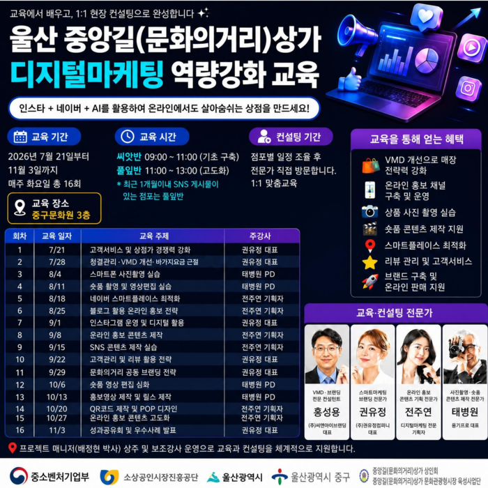 중앙길(문화의거리)상가가 7월 21일부터 11월 3일까지 지역 상권의 경쟁력을 강화하기 위해 상가 상인들을 대상으로 ‘디지털마케팅 역량 강화 교육’을 운영한다. 중구 제공