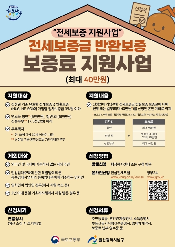 울산 남구는 전세사기 예방과 무주택 임차인의 주거안정을 위해 추진 중인 ‘전세보증금반환보증 보증료 지원사업’을 보다 많은 주민들이 이용할 수 있도록 적극적인 홍보에 나섰다고 지난 16일 밝혔다. 남구 제공