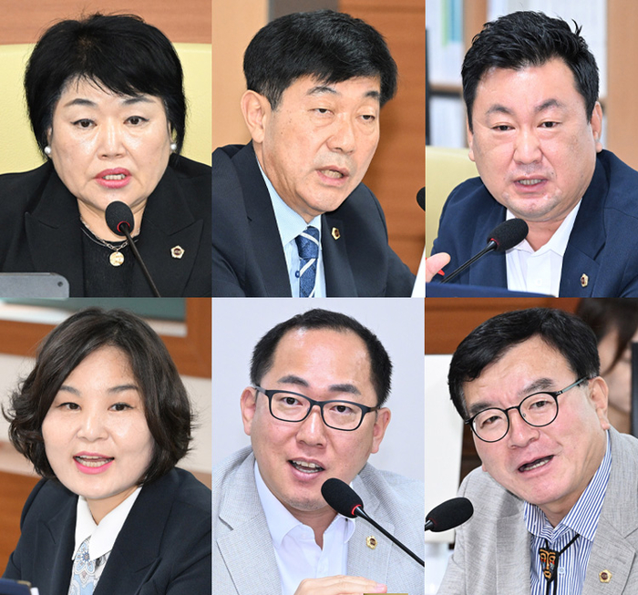 (왼쪽 위부터 시계방향)울산시의회 교육위원회 강혜순 위원장, 조성철 부위원장, 안대룡 위원, 홍성우 위원, 손근호 위원, 정나윤 위원.
