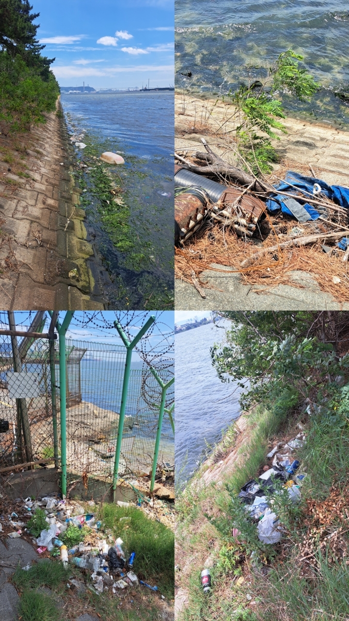 해파랑길7코스 북구 아산로 구간 곳곳에 버려진 해양쓰레기들.