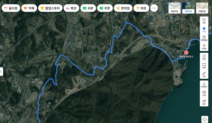 오래 전 삭제된 해파랑길4코스 봉태산 길을 안내하고 있는 네이버 지도. 네이버 지도 캡쳐