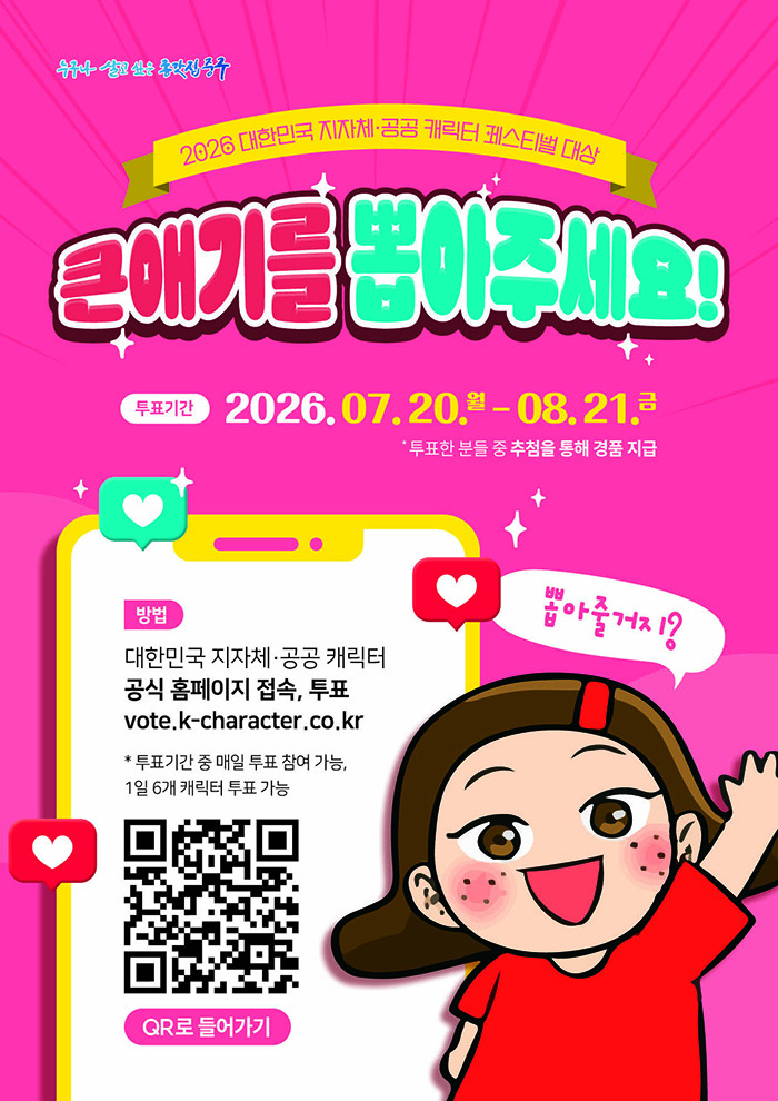 울산큰애기가 한국문화콘텐츠라이센싱협회와 대전관광공사가 공동 주관하는 ‘2026 대한민국 지자체·공공 캐릭터 페스티벌’ 본선에 진출했다. 중구는 최종 수상작이 대국민 투표 결과와 전문가 심사 점수를 반영해 결정되는 만큼 시민들의 많은 관심과 투표를 부탁했다. 중구 제공