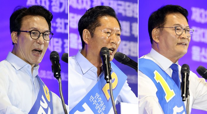더불어민주당 김민석(왼쪽부터), 정청래, 송영길 당 대표 후보가 지난 2일 울산전시컨벤션센터에서 열린 당 대표·최고위원 순회경선 합동연설회에서 정견 발표를 하고 있다. 연합뉴스