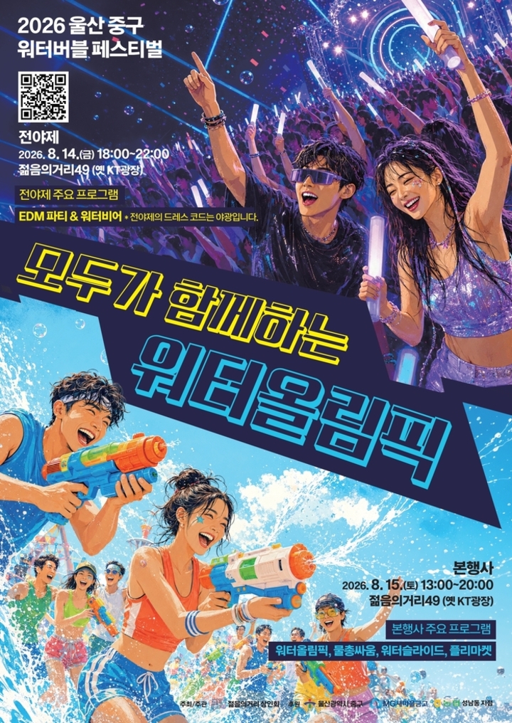 무더위를 날리는 도심 속 여름 축제, ‘2026 워터버블 페스티벌’이 오는 14~15일 이틀 동안 울산 중구 젊음의거리 옛 KT광장에서 열린다. 중구 제공