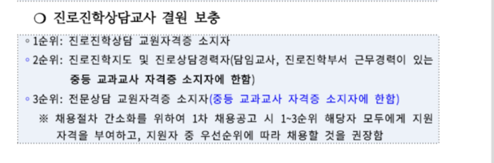 ‘2026학년도 계약제교원 및 강사 운영 매뉴얼’ 진로진학상담교사 결원 보충 자격.