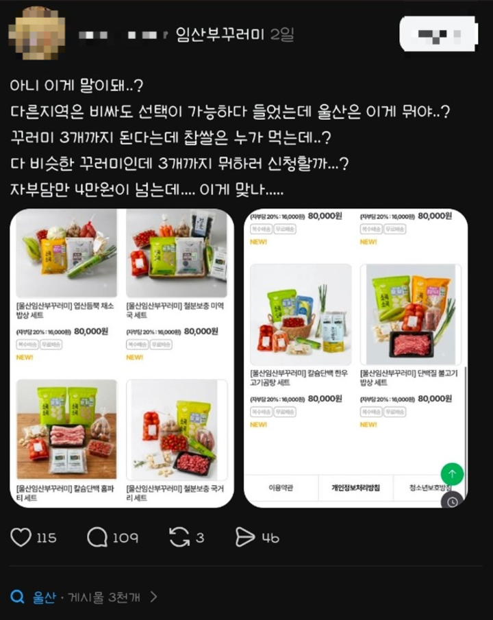 SNS에서 한 임산부가 울산 임산부 꾸러미 보완을 촉구하고 있다. 독자 제공