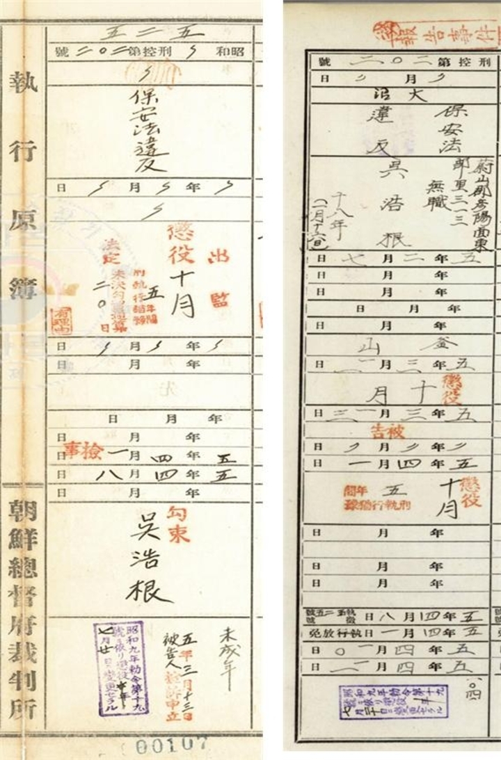 오호근의 집행원부(좌)와 형사소송사건부(우) 이병길 항일독립운동연구소장 제공