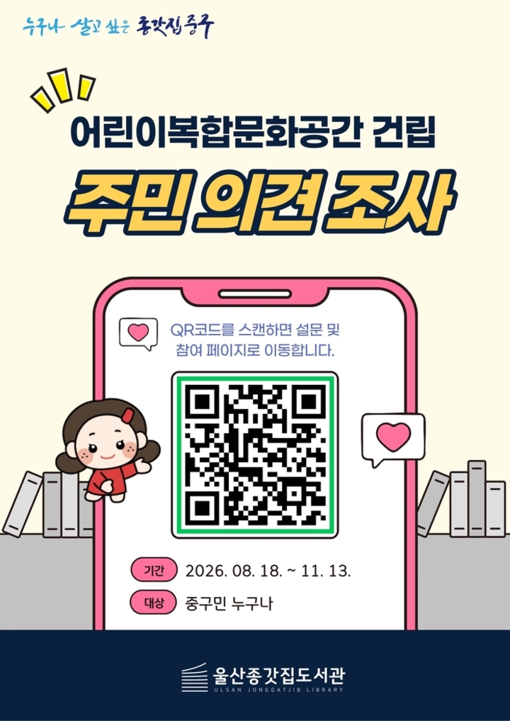 울산종갓집도서관이 어린이복합문화공간 건립 방향을 설정하는 데 주민들의 의견을 담고자 오는 18일부터 11월 13일까지 주민 설문조사를 실시한다. 중구 제공