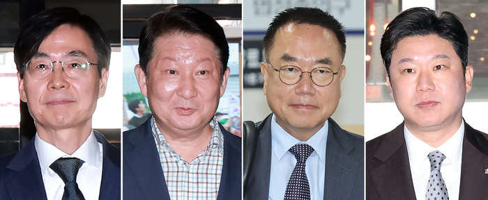 국민의힘 중앙윤리위원회가 20일 징계 심사 대상에 오른 6선 조경태(왼쪽부터)·재선 권영진·서범수·초선 진종오 의원 등 현역 의원 4인에 대해 ‘당원권 정지’ 징계를 결정했다.  연합뉴스