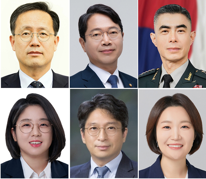 청와대는 이재명 대통령이 30일 경제부총리 겸 재정경제부 장관을 포함한 6곳의 장관 후보자를 지명했다고 밝혔다.
    윗줄 왼쪽부터 재정경재부 장관 후보로 지명된 이형일 1차관, 법무부 장관 후보로 지명된 더불어민주당 김승원 의원, 국방부 장관 후보로 지명된 강신철 전 연합사 부사령관.
    아랫줄 왼쪽부터 성평등가족부 장관 후보로 지명된 기본소득당 용혜인 의원, 국토부 장관 후보로 지명된 홍지선 2차관, 중소벤처기업부 장관 후보로 지명된 민주당 이소영 의원. 청와대 제공