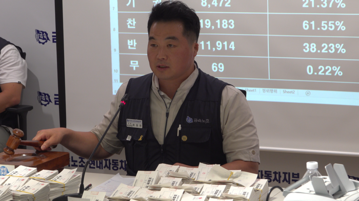 금속노조 현대차지부 이창민 수석부지부장이 잠정합의안 통과 선언을 하고 있다. 현대차지부 제공
