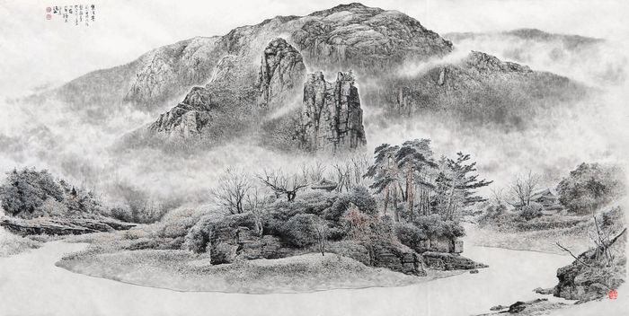 울산 반구대 집청정 集淸亭.150X290. 한지에 수묵담채