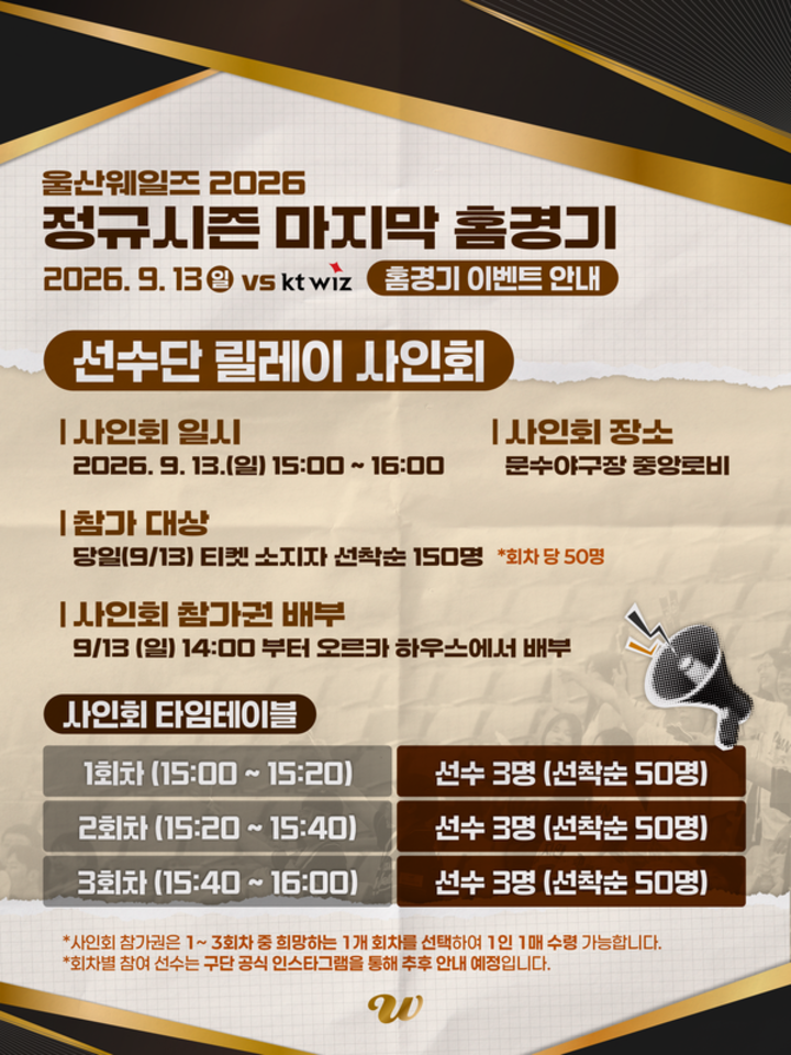 울산웨일즈가 오는 13일 오후 5시 문수야구장에서 열리는 kt wiz와의 2026 정규시즌 홈 최정전을 앞두고 팬들을 위한 특별한 공약 이벤트를 펼친다. 웨일즈 제공