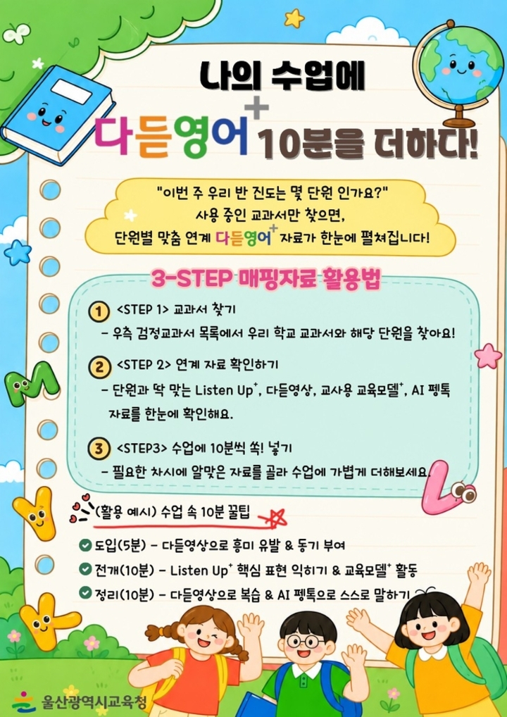 울산시교육청은 초등학교 대상으로 ‘나의 영어 수업에 다듣영어+ 10분을 더하다’ 교육자료 활용 지도를 개발해 보급한다고 15일 밝혔다.