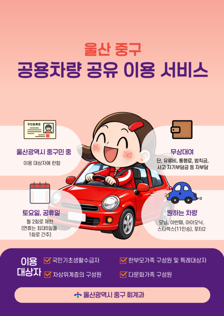 울산 중구는 주민들의 이동 편의 증진과 공유경제 활성화를 위해 지역 최초로 ‘공용차량 공유 이용 서비스’를 운영하고 있다. 중구 제공