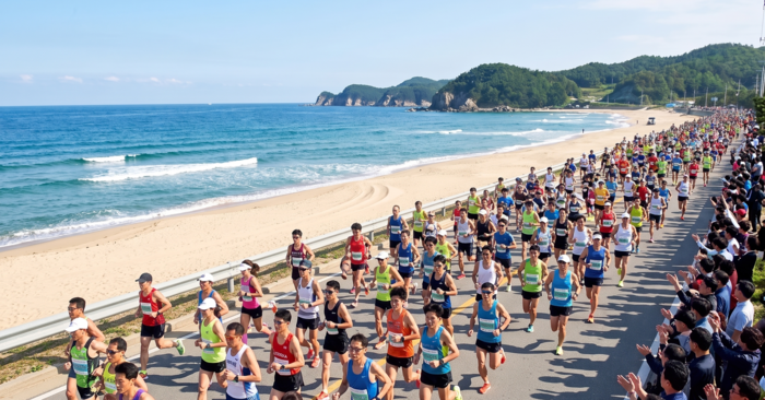 울산과 부산이 서생~기장 해안권을 잇는 1만명 규모 해변마라톤을 공동 추진하며, 2027년 울산을 시작으로 격년 주도 방식의 광역 스포츠관광 콘텐츠로 키운다. 생성형 AI로 만든 이미지.