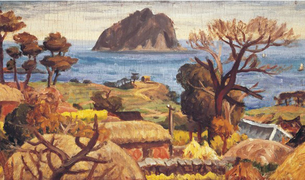 섶섬이 보이는 풍경, 1951, 32.3×58.6cm, 패널에 유화 물감, 이중섭미술관 소장