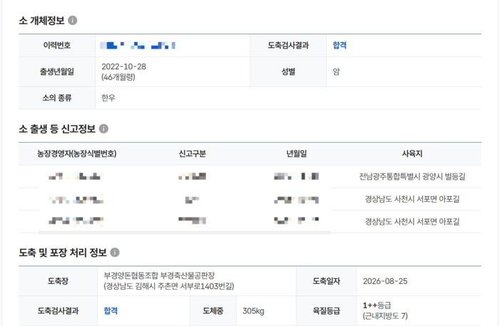 언양한우불고기축제에 서 구매한 소고기의 이력 조회를 해 보니 경상남도 사천으로 나와 있다.