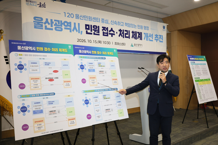 노동완 울산시 행정국장이 15일 울산시청 프레스센터에서 울산시 민원접수·처리 체계 개선 방안을 설명하고 있다. 울산시 제공