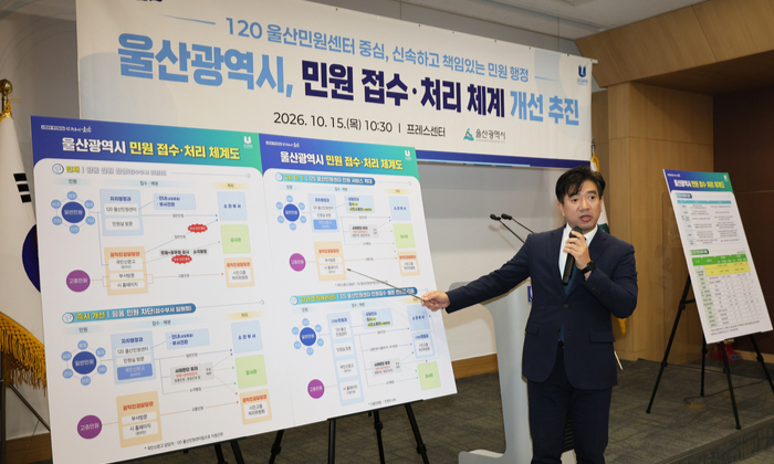 울산시가 12월부터 120 울산민원센터에서 시 소관 민원을 직접 접수하고 처리 결과를 안내하는 통합민원 서비스를 시작하며, 내년에는 구·군 민원과 AI 상담 지원 기능까지 확대할 계획이다. 사진은 지난 15일 울산시 민원접수·처리 체계 개선 방안을 설명하고 있는 노동완 울산시 행정국장. 울산시 제공
