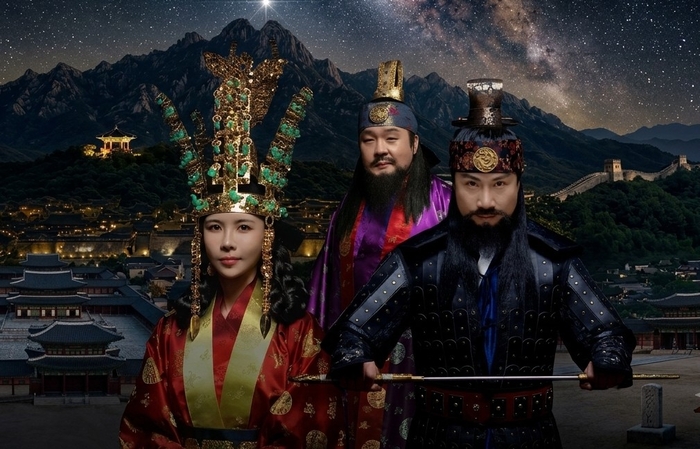 울산문화예술회관은 오는 29일 오후 7시 30분 울산문화예술회관 대공연장에서 해오름동맹 시립예술단 합동공연인 합창오페라 ‘천년의 빛, 하나의 울림’을 선보인다. 왼쪽부터 선덕여왕 역의 소프라노 최정원, 바리톤 박정민,  테너 강현수 . AI이미지 합성