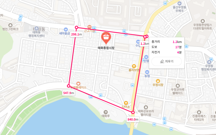 최근 태화시장 상인회가 울산시에 제출한 시장 주변 노인보호구역 지정 신청 범위. 태화루사거리에서 선경아파트2차사거리, 울산축산농협앞사거리, 태화시장주차장입구로 이어지는 약 1.2㎞ 구간을 ‘ㅁ’ 형태로 둘러싸는 구조다. 상인과 주민들의 반발이 이어지자, 신청 일주일 만에 취하했다. 네이버 지도 캡처