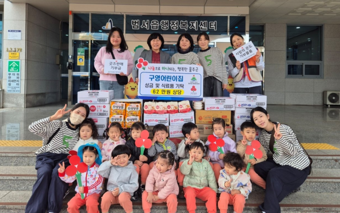 울주군 범서읍에 위치한 구영어린이집이 27일 범서읍 행정복지센터에 지역 내 어려운 이웃을 위한 성금 17만2천원과 45만원 상당의 후원물품을 기탁했다.