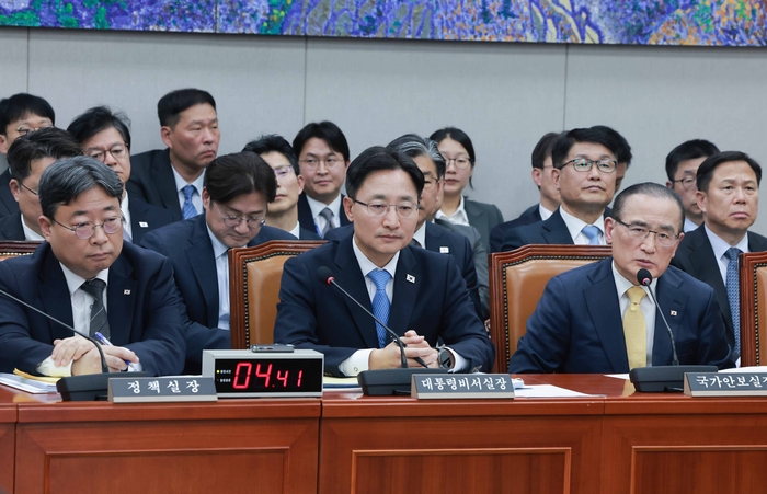 위성락 국가안보실장이 29일 국회 운영위원회에서 열린 대통령비서실, 국가안보실, 대통령경호처에 대한 국정감사에서 운영위원 질의에 답하고 있다. 연합뉴스