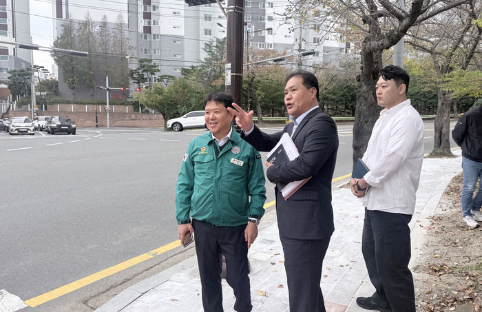 울산광역시의회 노명환 의원이 29일 종합건설본부 및 현장 관계자와 함께 동구 봉수로 한마음회관 앞 교차로 일원 보행환경 정비 사업 현장을 찾아 관계자로부터 공사 추진 상황을 듣고 정비된 보행로와 배수 시설, 가로수 주변 보도 상태를 점검했다. 시의회 제공